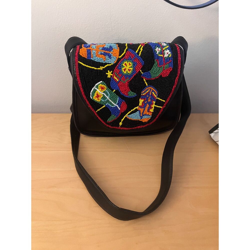 Vintage Brighton Beaded Cowboy Boot Leather Crossbody Bag Western Saddle Purse